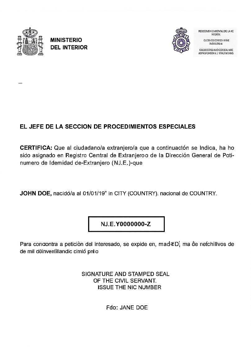 Specimen of the Spanish NIE document